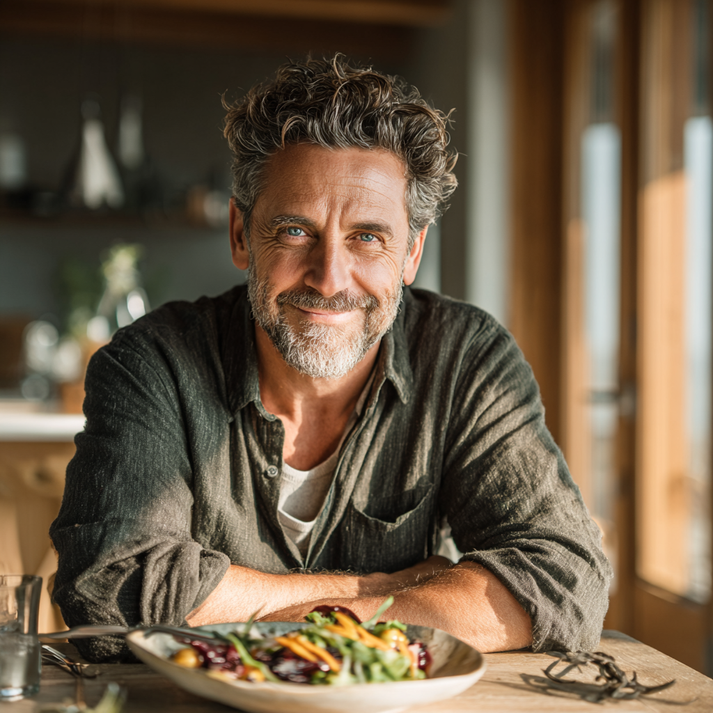 A confident man in his early 50s sitting at a dining table with a plate of healthy, colorful food, smiling warmly while holding a fork, with natural lighting creating a welcoming atmosphere in a modern home setting