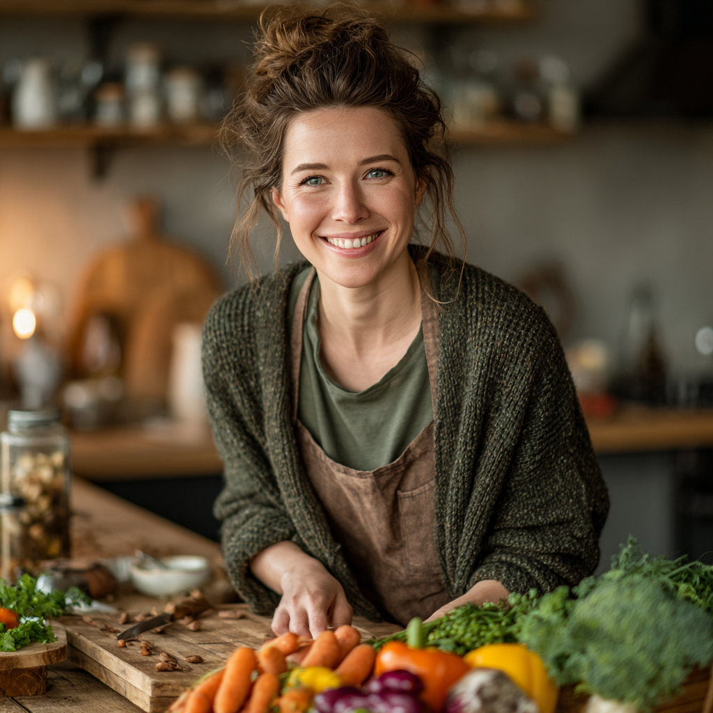 A smiling woman in her late 40s preparing healthy vegetables in a modern kitchen, wearing casual clothing and looking content while chopping fresh colorful vegetables on a wooden cutting board